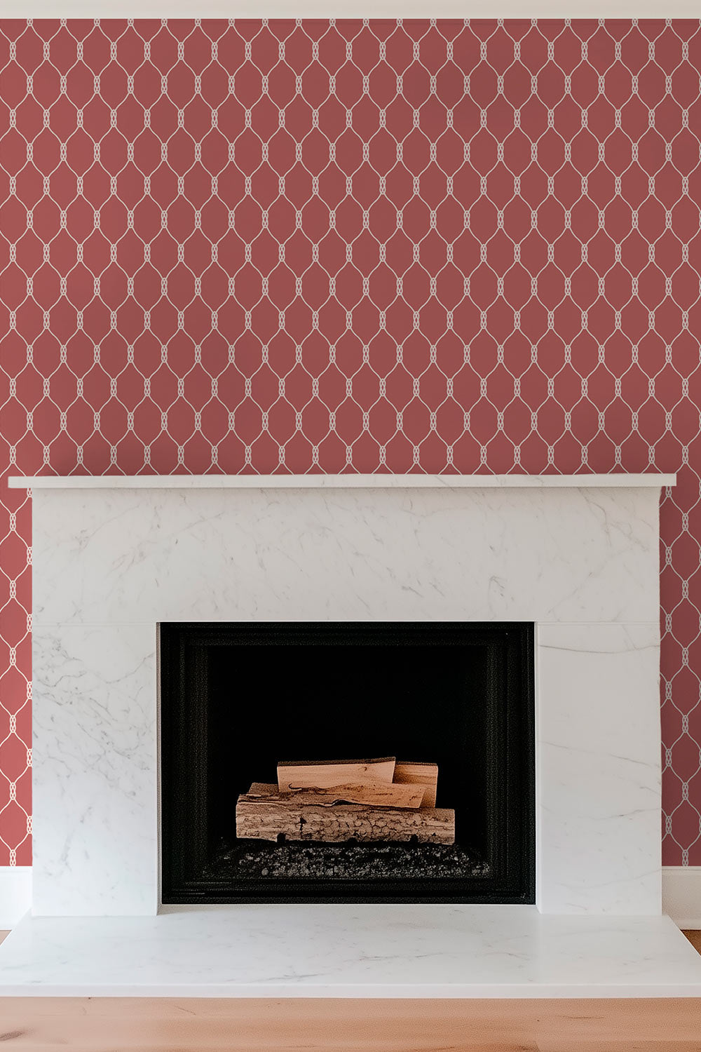 Grasscloth wallpaper featuring a repeating geometric rope-knot pattern illustrated in twisted rope lines over a woven natural fiber surface in classic nantucket red and white perfect for nautical inspired coastal living rooms
