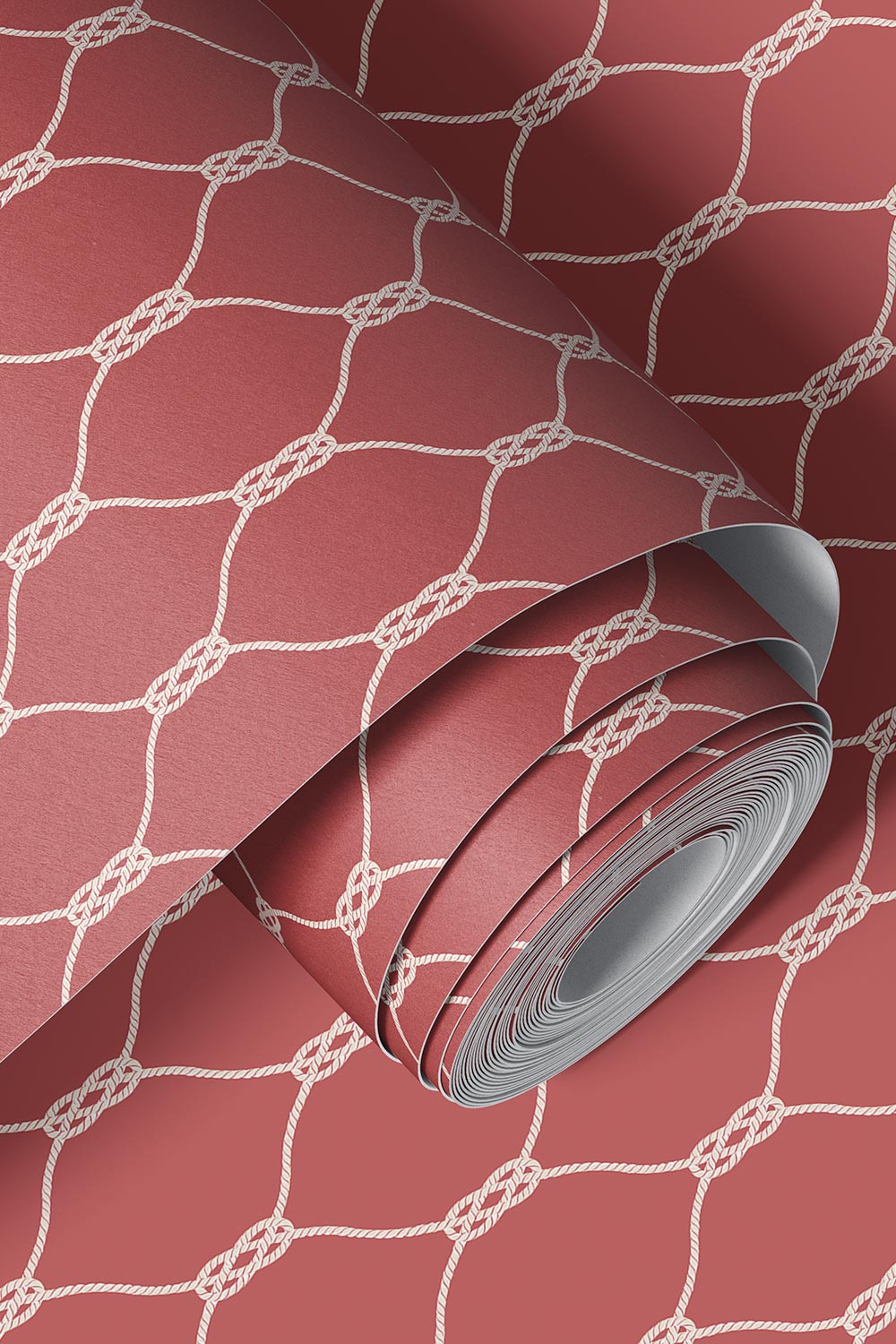 nautical knots vinyl wallpaper, washable wallpaper, commercial grade coastal wallpaper, rope geometric wallpaper, moisture resistant wallpaper, durable nautical wallcovering, sailor knot wallpaper, beach house wallpaper, classic nantucket red wall covering