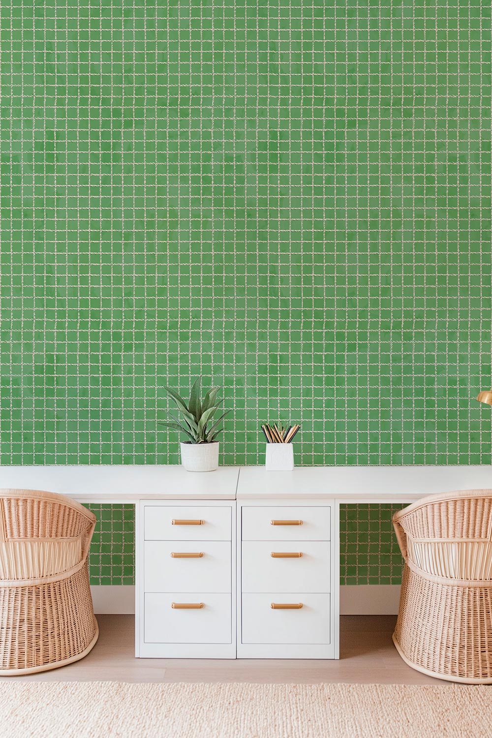 Matte traditional wallpaper featuring a watercolor-inspired painting layered with a hand-painted geometric tennis net grid on bright grass green perfect for luxe home offices