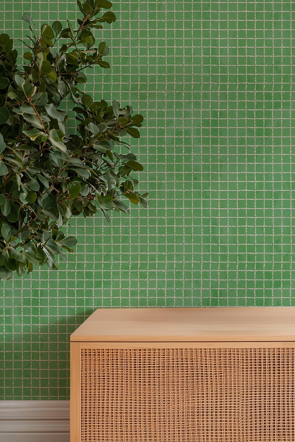 Textured performance vinyl wallpaper with a watercolor background and hand-painted tennis net grid pattern on bright green, great for country club locker rooms and bathrooms due to it's washability and moisture and stain resistance