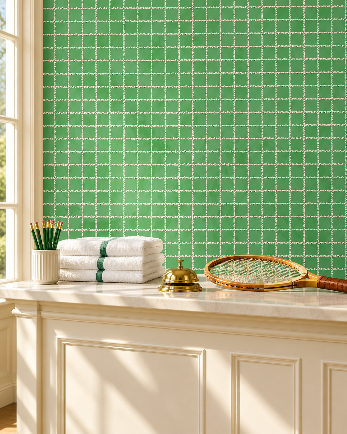 high end luxury traditional matte wallpaper featuring hand painted tennis net on green ground in clubhouse check in