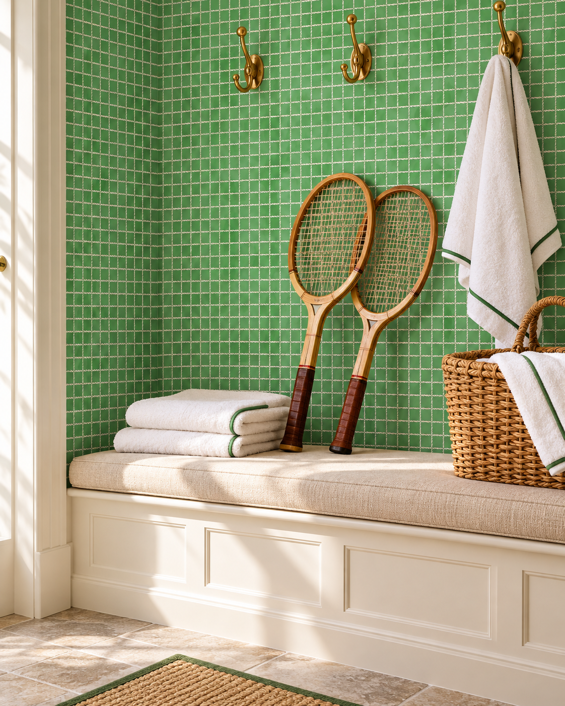 Textured performance vinyl wallpaper with a watercolor background and hand-painted tennis net grid pattern on bright green, great for country club locker rooms and bathrooms due to it's washability and moisture and stain resistance