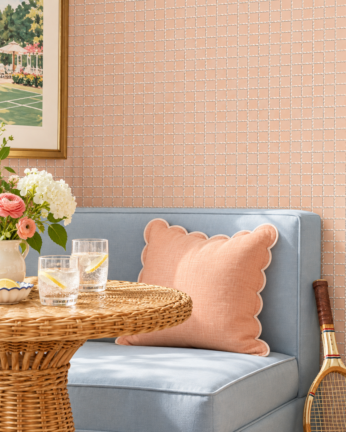 Matte wallpaper featuring a watercolor-inspired wash layered with a hand-painted geometric tennis net grid in light pink perfect for tennis inspired breakfast nooks and clubhouse lounges