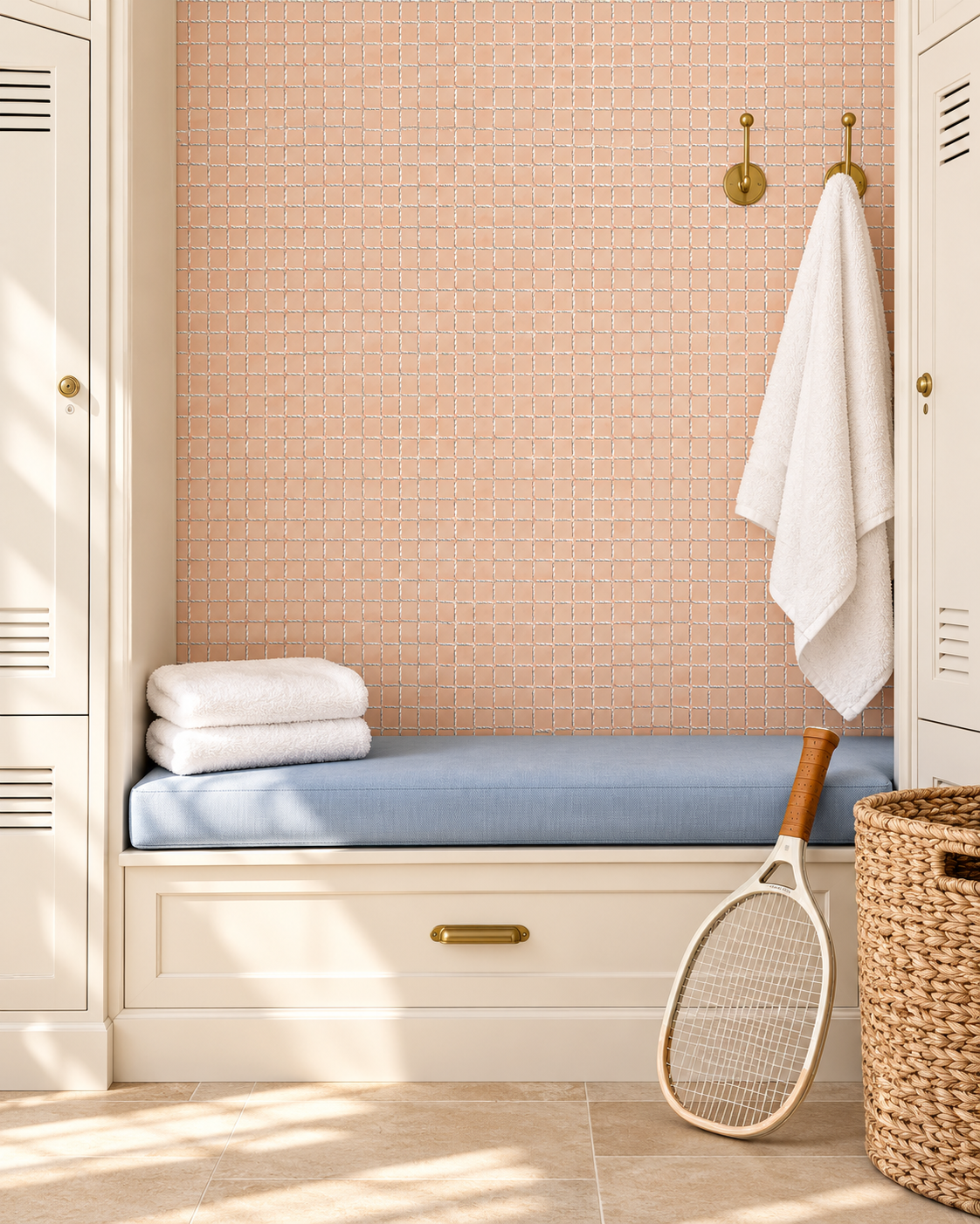 A styled entryway or laundry nook with a blush pink tiled wall, cream storage bench with a blue cushion, folded white towels, a hanging white towel, a woven basket, and a tennis racket leaning against the bench. textured performance vinyl wallpaper with a watercolor background and hand-painted tennis net grid pattern on light pink, great for country club locker rooms and bathrooms due to it's washability and moisture and stain resistance