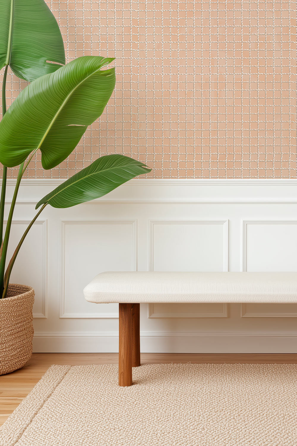 textured performance vinyl wallpaper with a watercolor background and hand-painted tennis net grid pattern on light pink, great for country club locker rooms and bathrooms due to it's washability and moisture and stain resistance