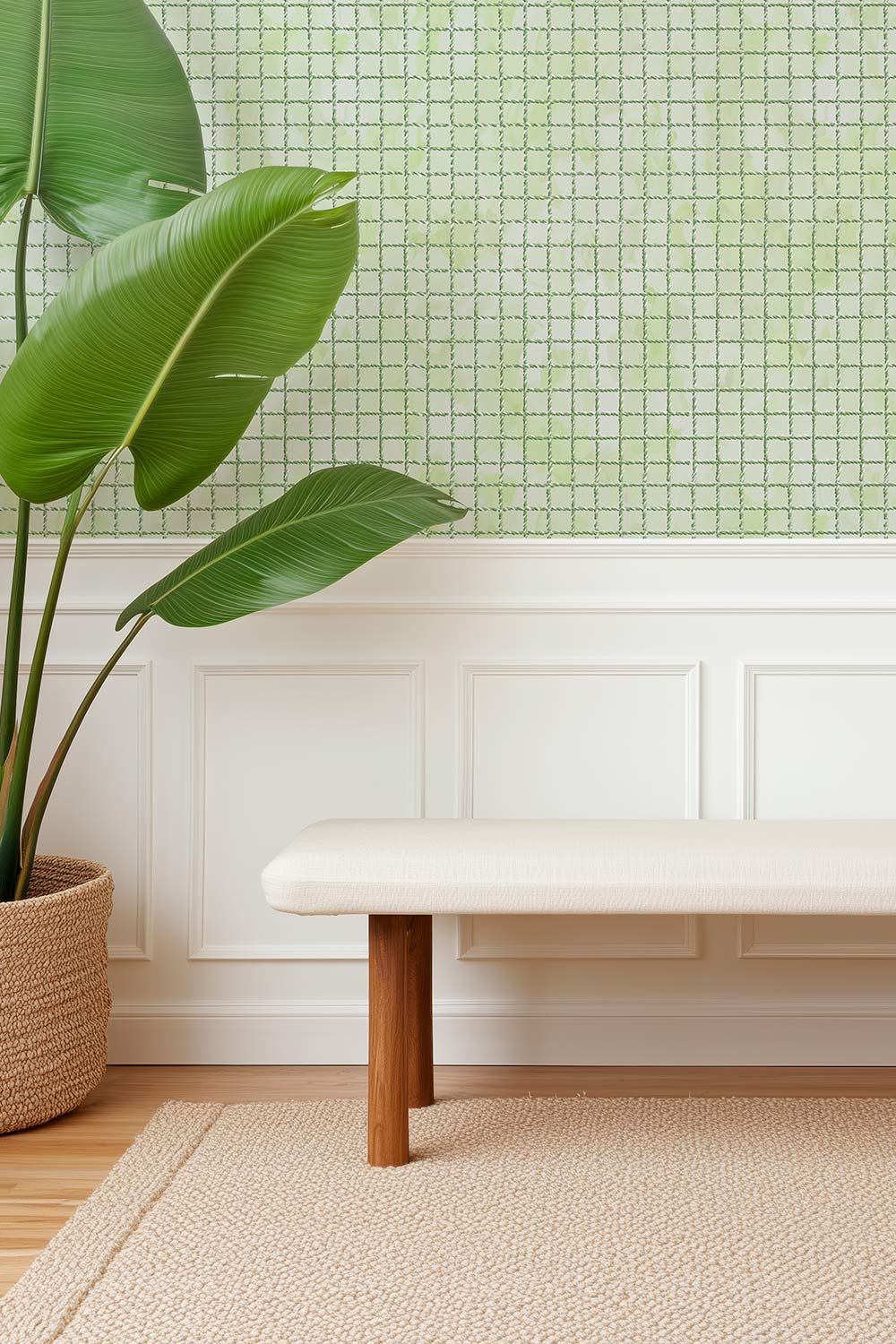 Matte wallpaper featuring a watercolor-inspired wash layered with a hand-painted geometric tennis net grid in light green perfect for clubhouse entryways and country club locker rooms