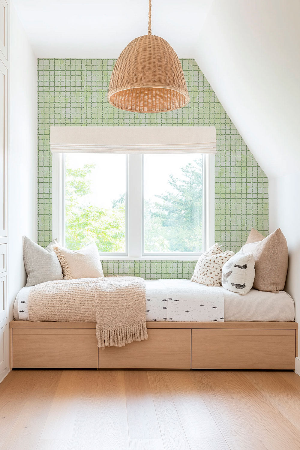 Textured performance vinyl wallpaper with a watercolor background and hand-painted tennis net grid pattern on bright green, great for kid's bedrooms and playrooms due to it's washability and moisture and stain resistance