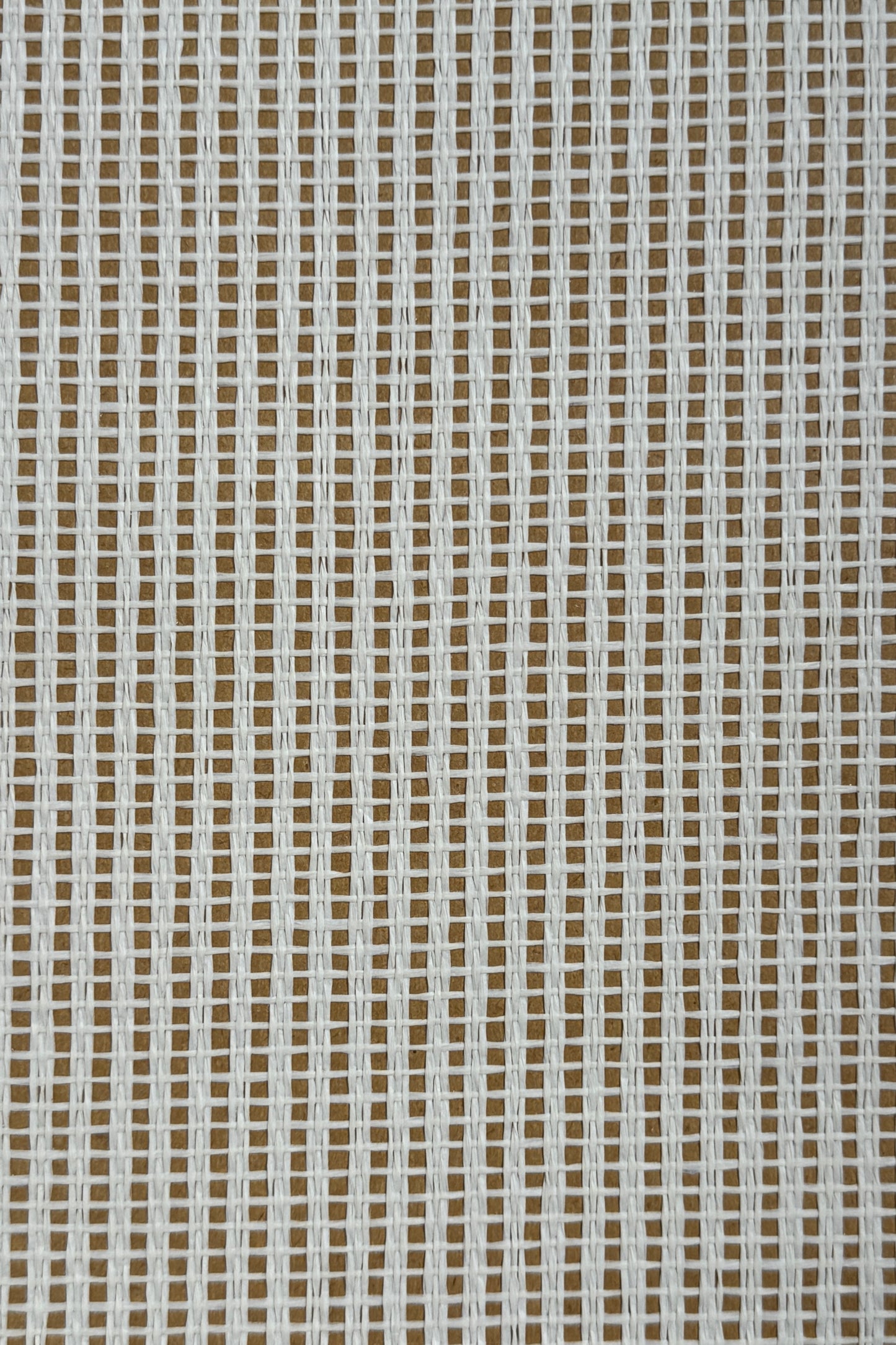 Natural woven paperweave wallpaper swatch in neutral textured sisal with square open lattice pattern, ivory on tan