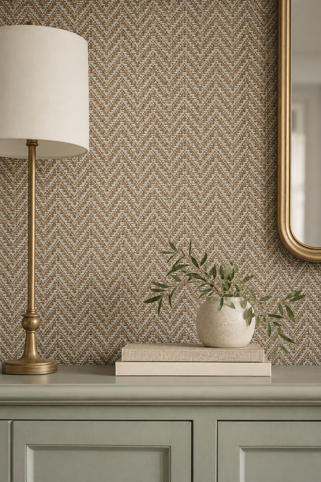 A styled interior scene showing a textured beige and brown chevron-patterned wallpaper on a wall behind a pale sage green console table. On the table sits a white table lamp with a brass base, a small white vase with green branches, and two stacked books. All-Natural Geometric Chevron Paperweave Wallpaper – Neutral Woven Layers