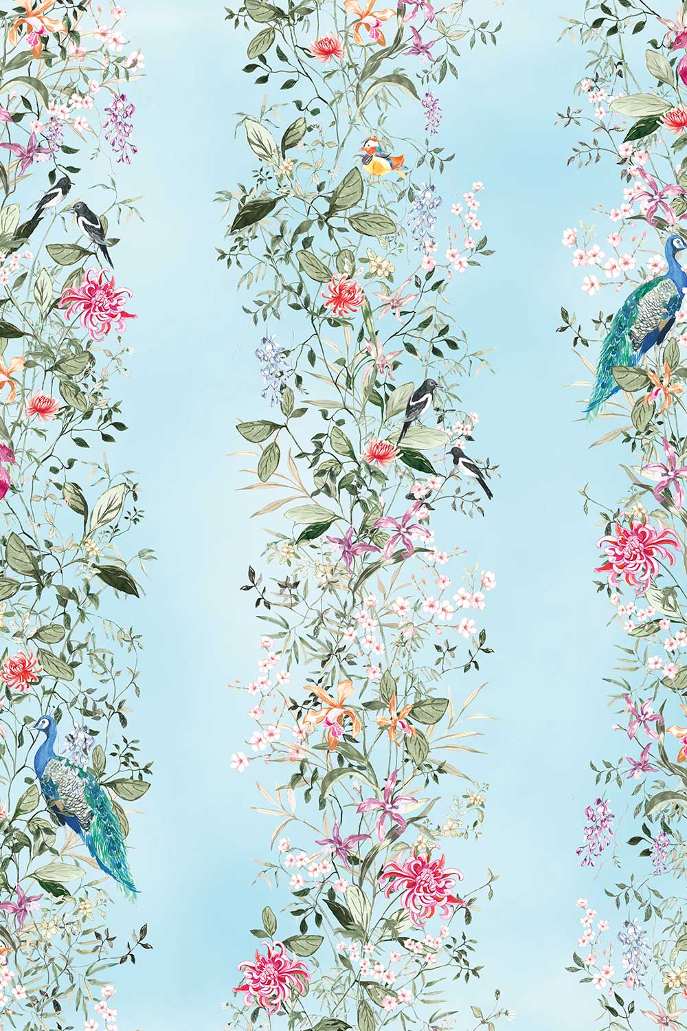 Natural grasscloth wallpaper featuring hand-painted Mahjong Garden Stripe with chinoiserie florals, peacocks, birds, bamboo, and botanical watercolor artwork.