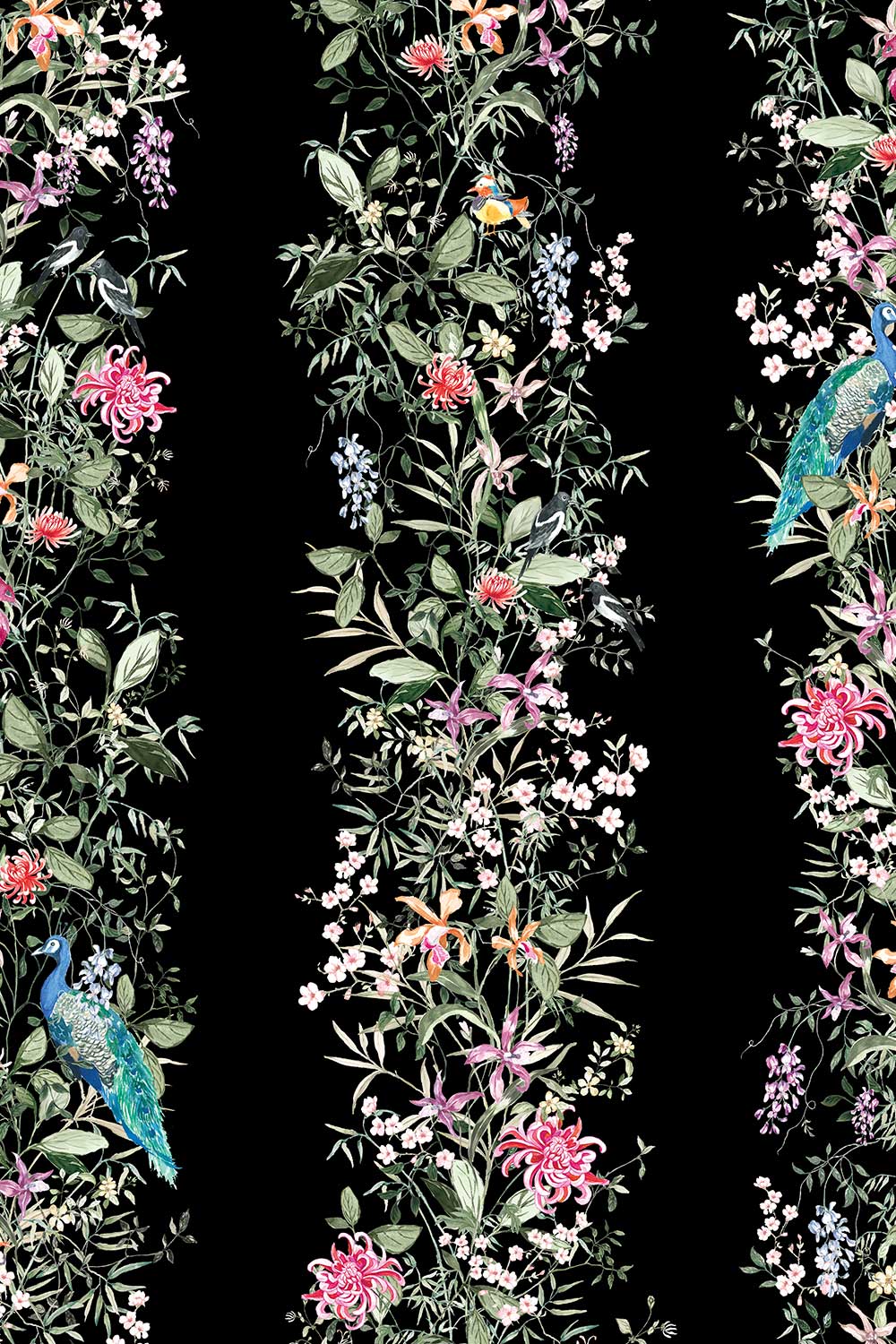 Natural grasscloth wallpaper featuring hand-painted Mahjong Garden Stripe with chinoiserie florals, peacocks, birds, bamboo, and botanical watercolor artwork.