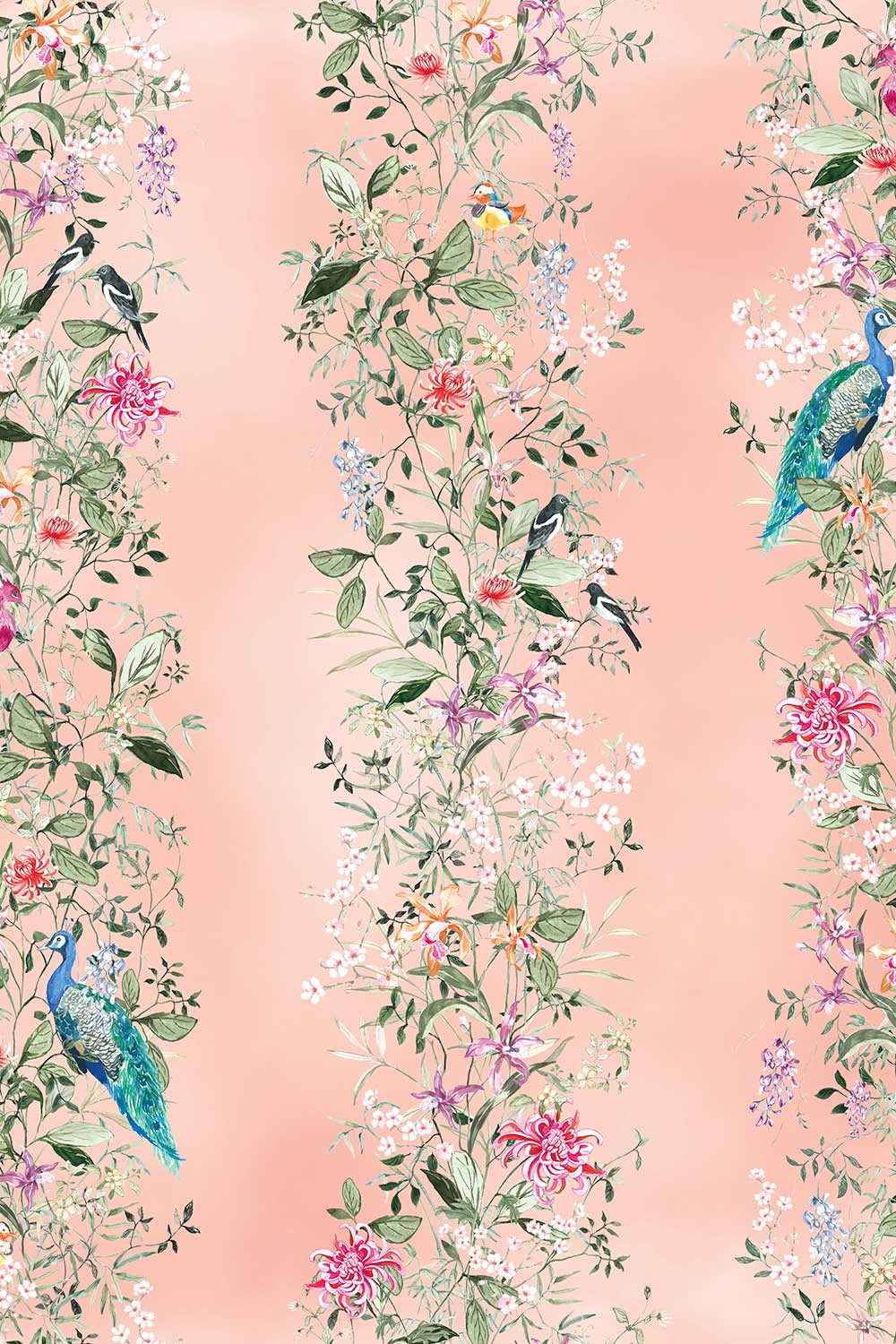 Hand-painted Mahjong Garden Stripe wallpaper featuring watercolor chinoiserie florals, peacocks, birds, bamboo, and botanical stripes on an blush pink coral background