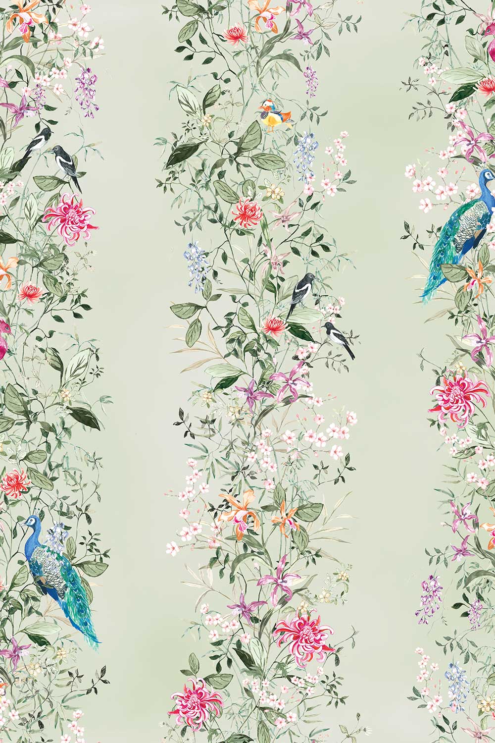 Natural grasscloth wallpaper featuring hand-painted Mahjong Garden Stripe with chinoiserie florals, peacocks, birds, bamboo, and botanical watercolor artwork.