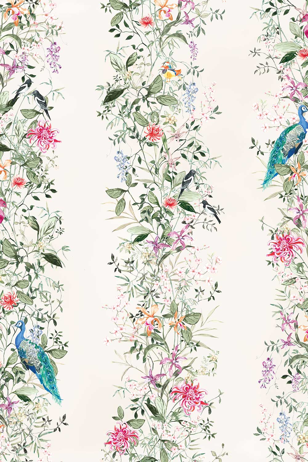 Natural grasscloth wallpaper featuring hand-painted Mahjong Garden Stripe with chinoiserie florals, peacocks, birds, bamboo, and botanical watercolor artwork.