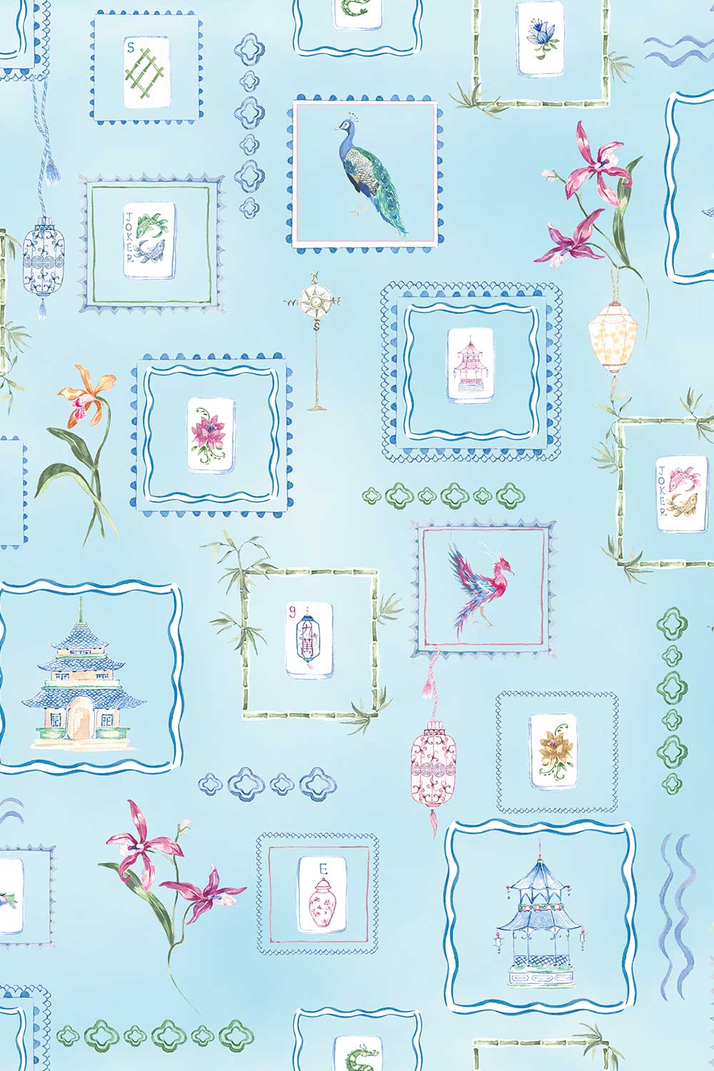 Hand-painted watercolor Mahjong Tiles wallpaper featuring mahjong tiles, pagodas, bamboo, birds, ginger jars, lanterns, and chinoiserie artwork on a soft blue background printed on an all-natural and eco-friendly grasscloth wall-covering.