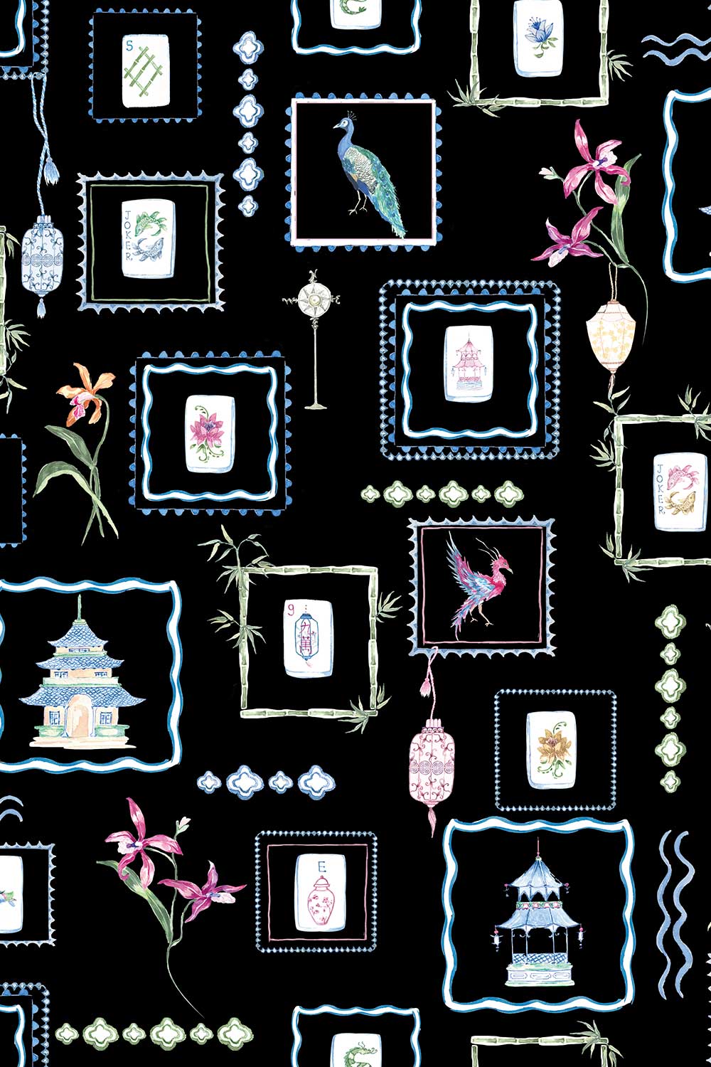 Hand-painted watercolor Mahjong Tiles wallpaper featuring mahjong tiles, pagodas, bamboo, birds, ginger jars, lanterns, and chinoiserie artwork on a rich black background printed on an all-natural and eco-friendly grasscloth wall-covering.