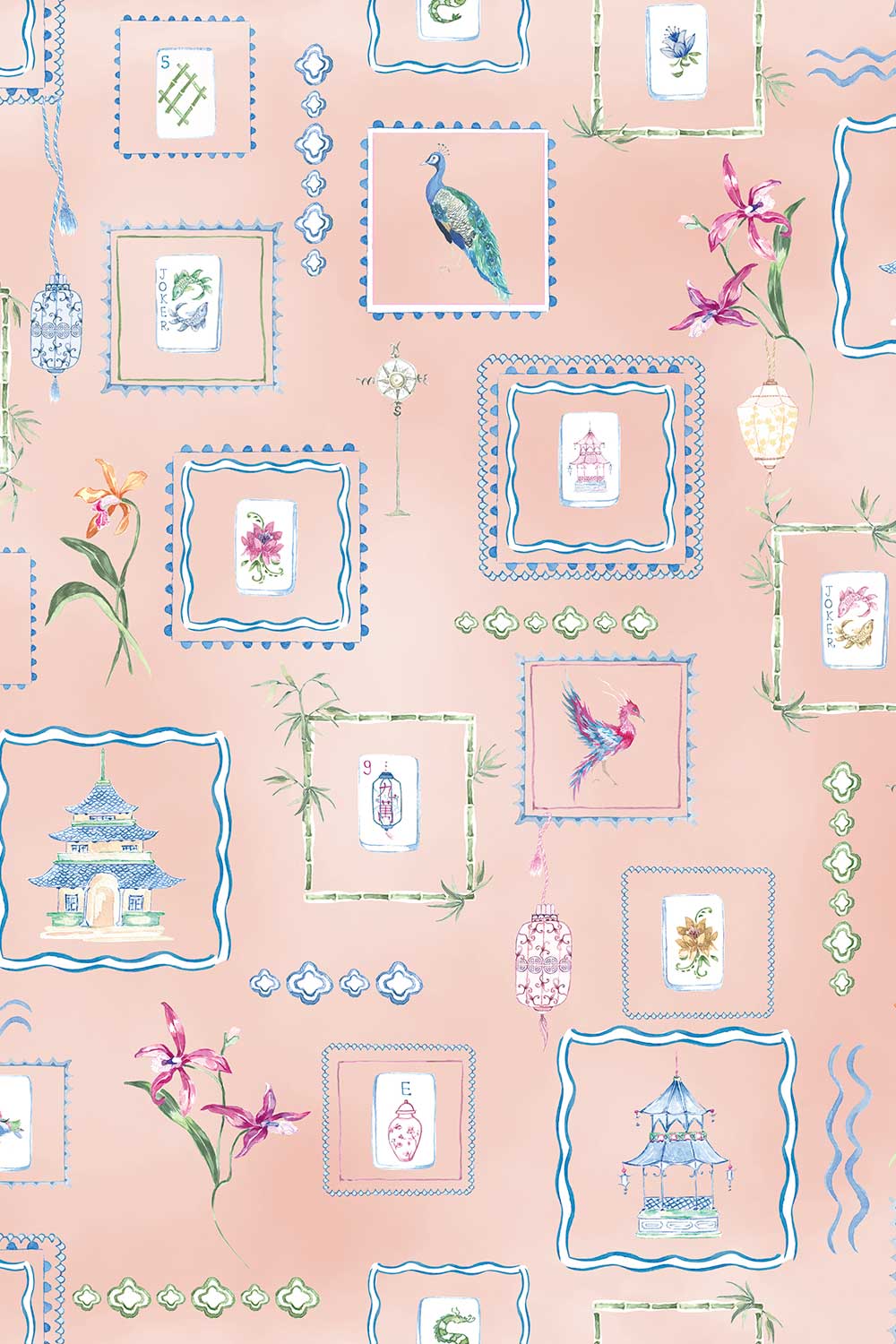 Soft pink coral Mahjong Tiles traditional matte wallpaper featuring hand-painted pastel watercolor mahjong tiles, pagodas, bamboo, ginger jars, birds, lanterns, and floral chinoiserie details.