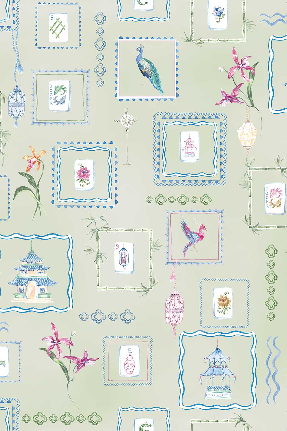 Hand-painted watercolor Mahjong Tiles wallpaper featuring mahjong tiles, pagodas, bamboo, birds, ginger jars, lanterns, and chinoiserie artwork on a soft green background printed on an all-natural and eco-friendly grasscloth wall-covering.