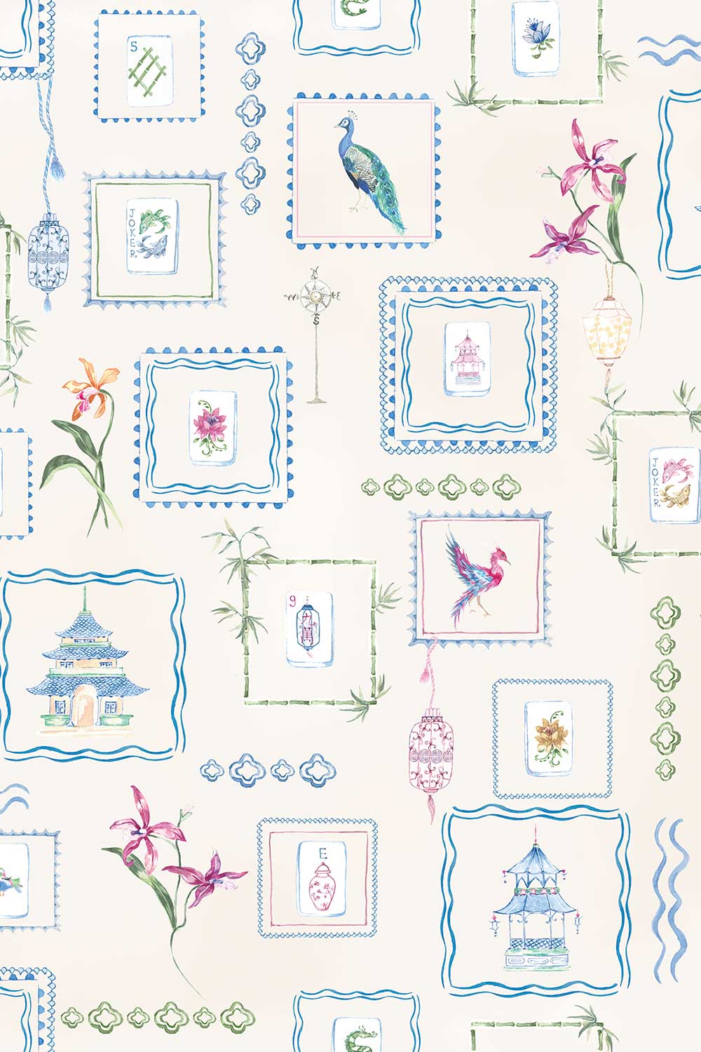 Hand-painted watercolor Mahjong Tiles wallpaper featuring mahjong tiles, pagodas, bamboo, birds, ginger jars, lanterns, and chinoiserie artwork on an off-white background printed on an all-natural and eco-friendly grasscloth wall-covering.