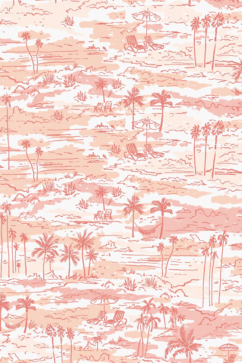 Seaside Soiree removable peel and stick wallpaper in Sunset Coral featuring watercolor palm trees, beach chairs, umbrellas, hammocks and tropical landscapes.