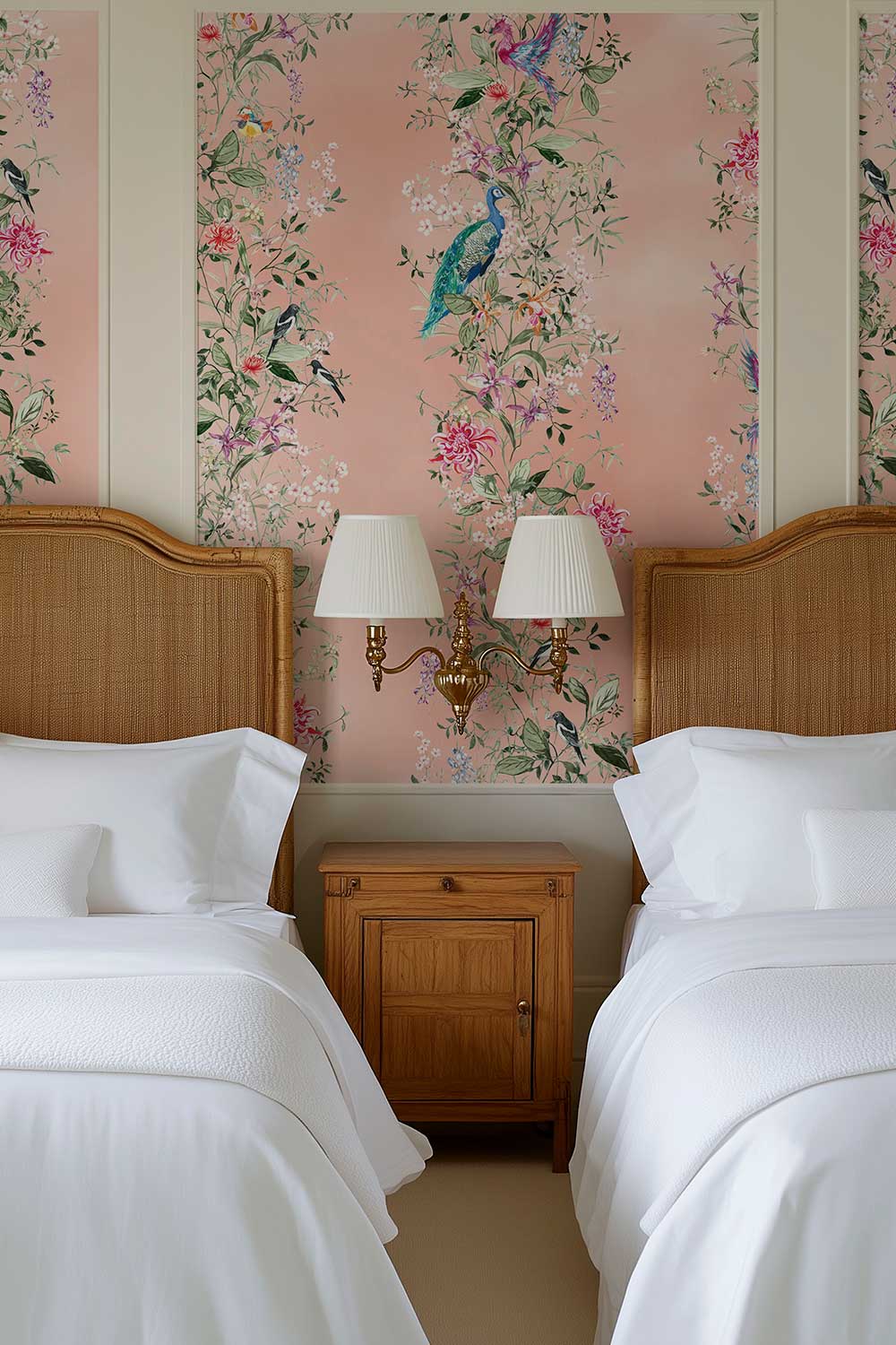 A styled bedroom interior with two twin beds dressed in white linens, wooden headboards, a small wooden nightstand between them, and a pink floral wallpaper featuring birds and foliage. Natural grasscloth wallpaper featuring hand-painted Mahjong Garden Stripe with chinoiserie florals, peacocks, birds, bamboo, and botanical watercolor artwork.