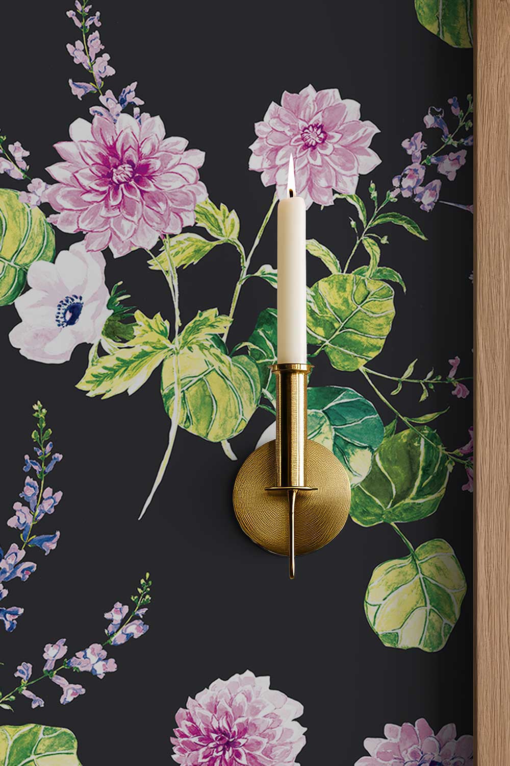 Chirp Society removable peel and stick wallpaper in Midnight Black featuring watercolor pink flowers, lush green leaves, hummingbirds and butterflies.