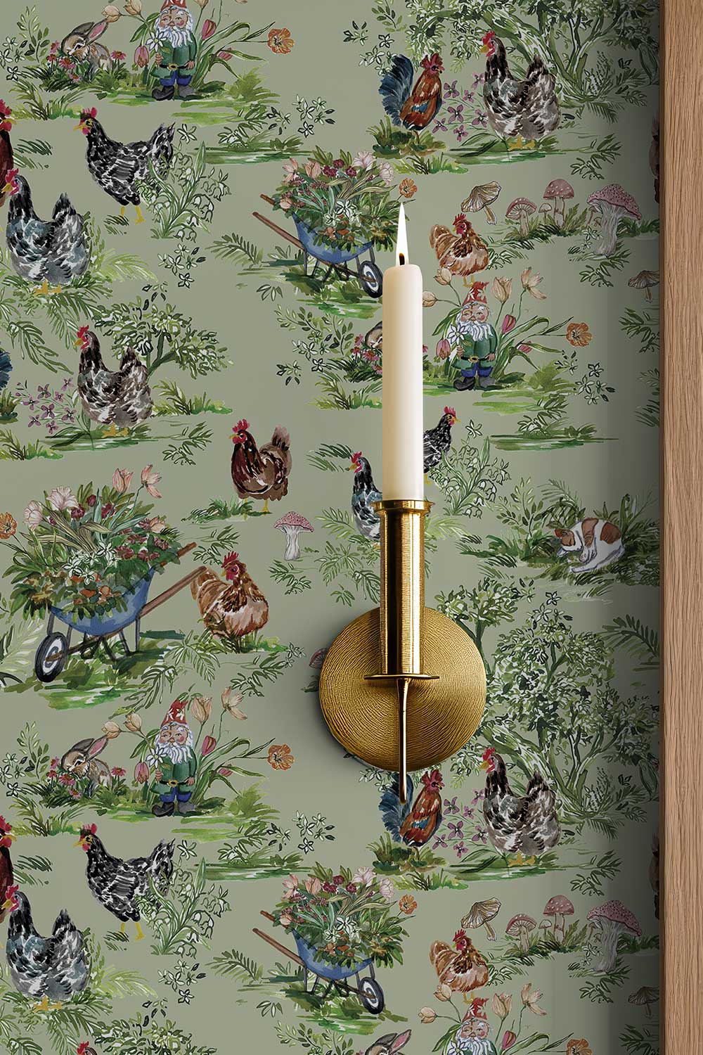 Cluckingham Farm Toile removable wallpaper in Green Grass featuring watercolor chickens, roosters, rabbits, garden flowers, mushrooms and whimsical gnomes.