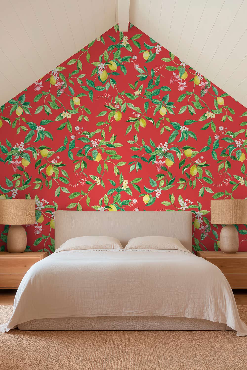 A styled bedroom featuring a bold red wallpaper with a green botanical and fruit pattern on the main back wall, with a bed dressed in cream bedding positioned below it. lemon wallpaper, citrus wallpaper, limoncello wallpaper, white and pastel wallpaper, fruit wallpaper, italian inspired wallpaper, kitchen wallpaper, lemon floral print on all-natural and eco-friendly wall-covering grasscloth and paperweave