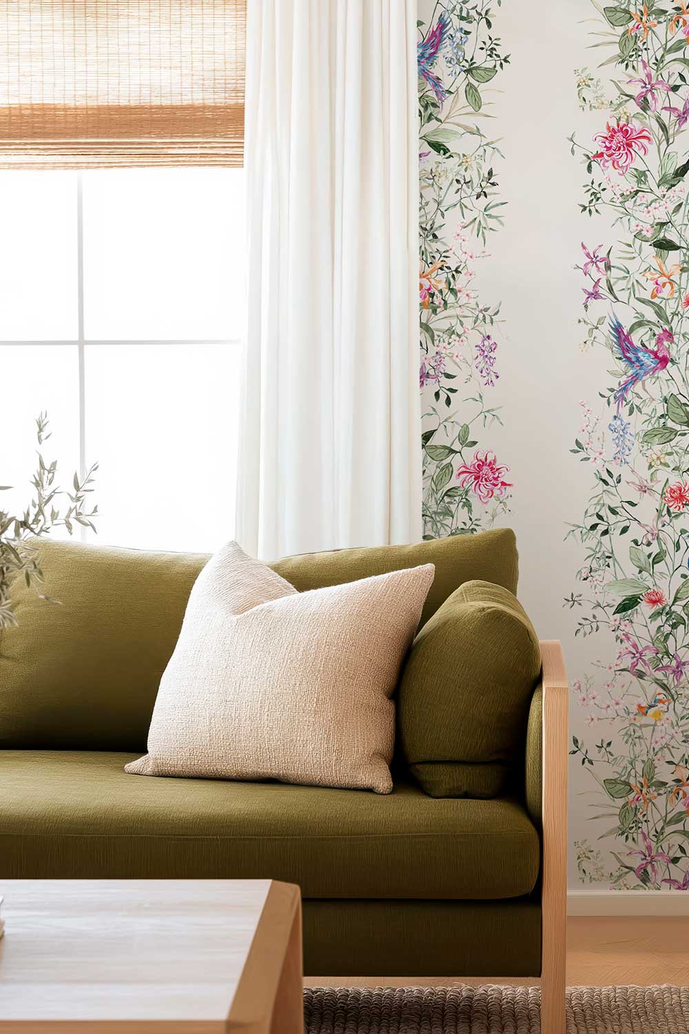 An olive green fabric sofa with a cream textured throw pillow, set in a bright living room next to a window with white curtains and floral wallpaper. Natural grasscloth wallpaper featuring hand-painted Mahjong Garden Stripe with chinoiserie florals, peacocks, birds, bamboo, and botanical watercolor artwork.