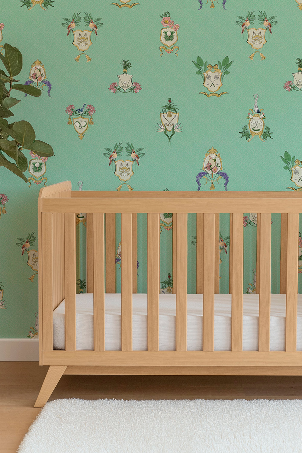 Country Club Crests traditional matte wallpaper with hand-painted tennis, golf and paddle crests, birds and florals on an bright aqua green background.