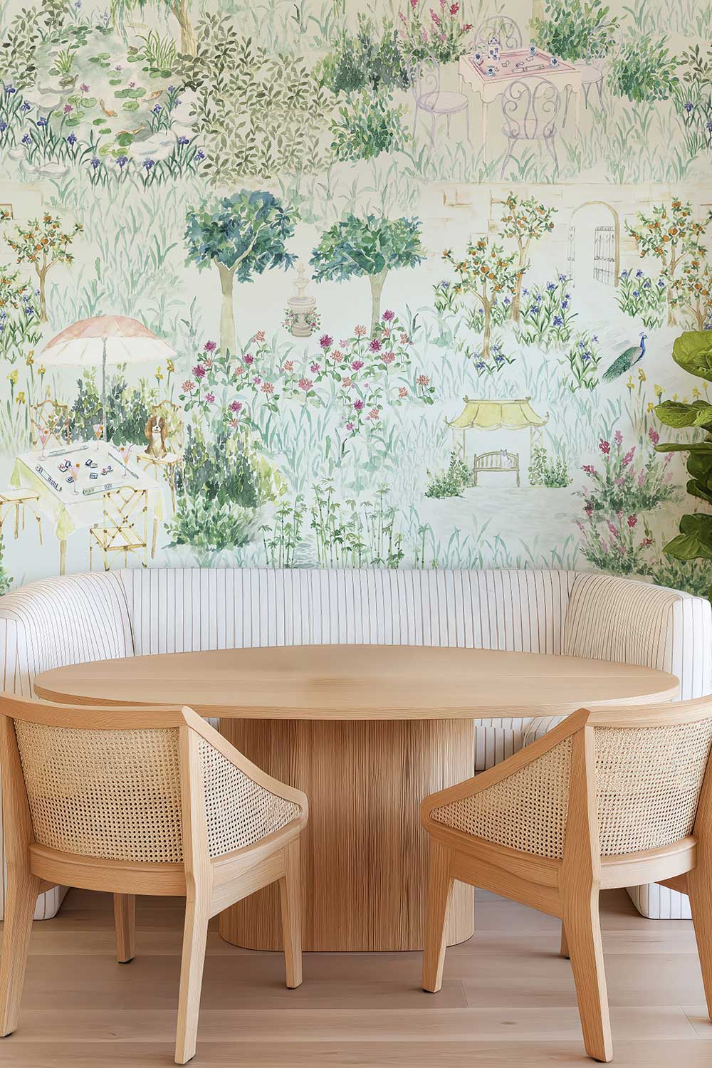 Mahjong Garden Toile peel and stick wallpaper in Trellis Green featuring a mahjong table, garden fountain, koi pond, flowers, bamboo and winding paths.