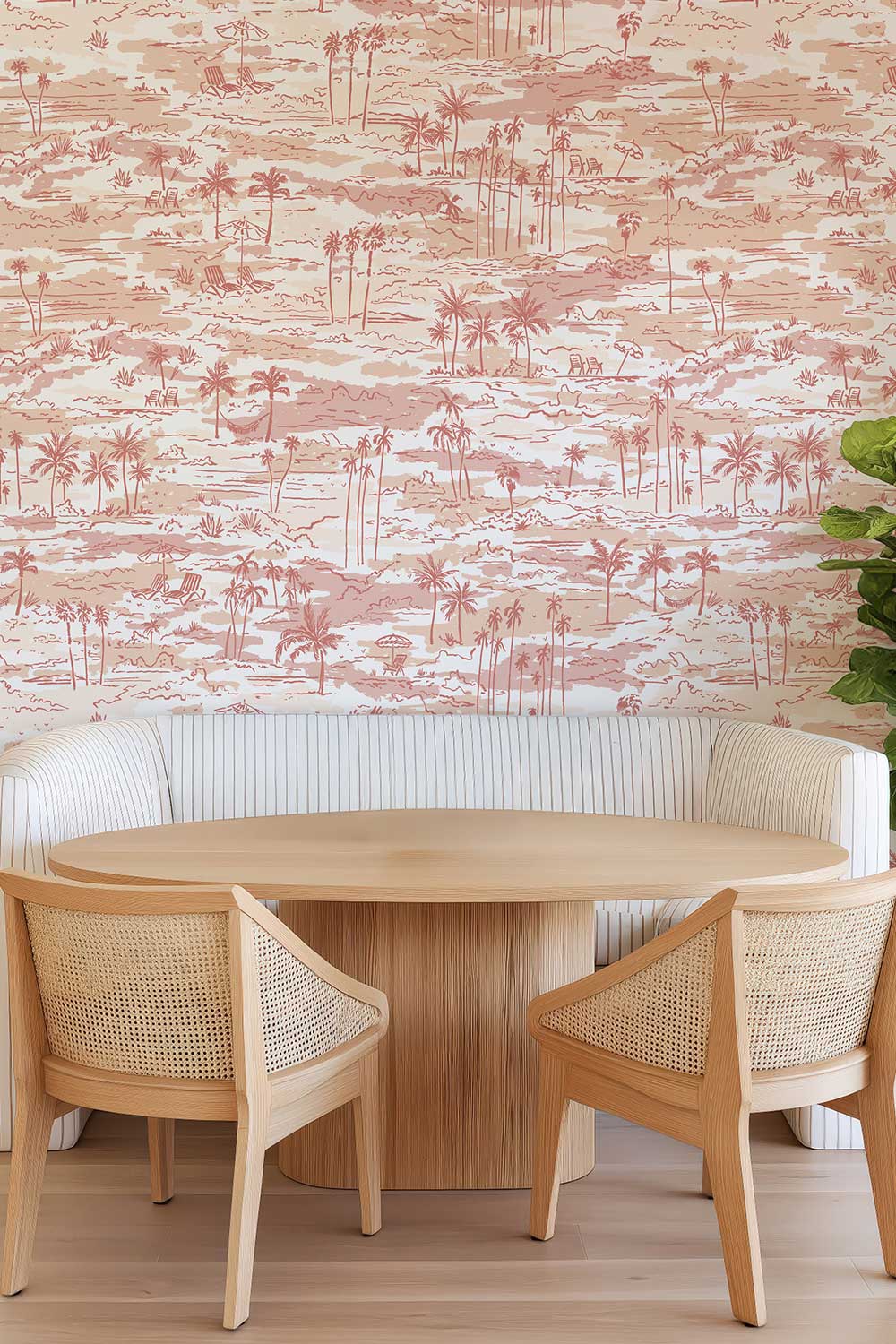 Seaside Soiree removable peel and stick wallpaper in Sunset Coral featuring watercolor palm trees, beach chairs, umbrellas, hammocks and tropical landscapes featured in this coastal bedroom
