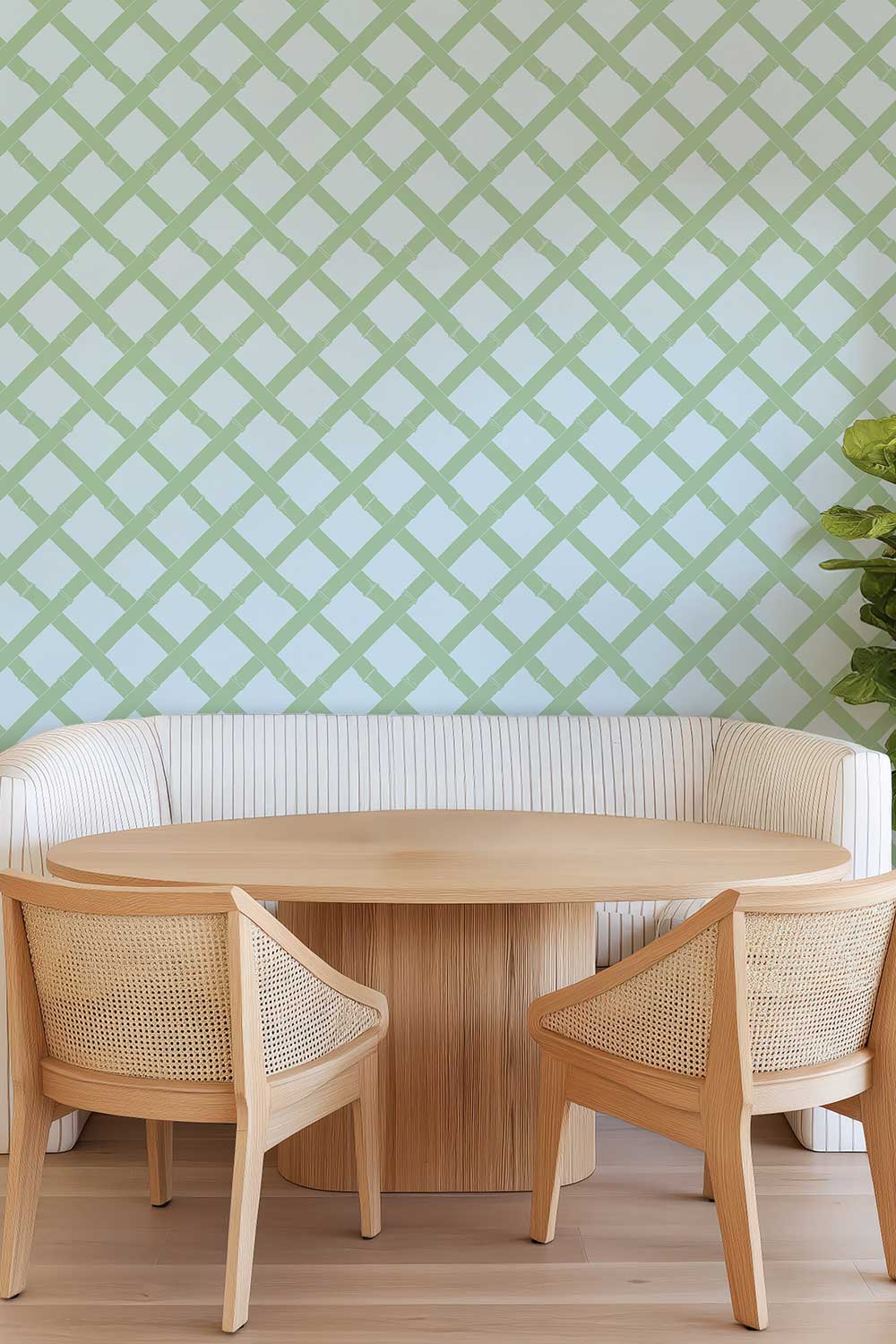 Tropicana Trellis removable peel and stick wallpaper in Cypress Garden featuring a geometric green bamboo lattice pattern on a soft light blue background.