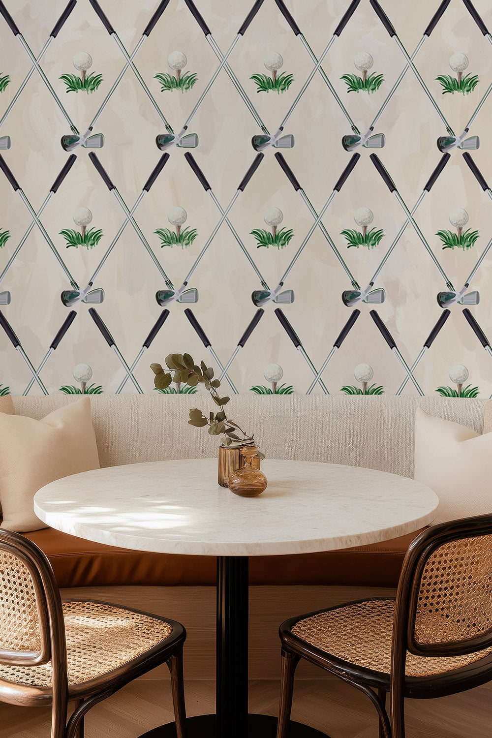 Fore the Love of Golf washable performance vinyl wallpaper with watercolor golf clubs and golf balls, designed for moisture- and stain-resistant spaces.