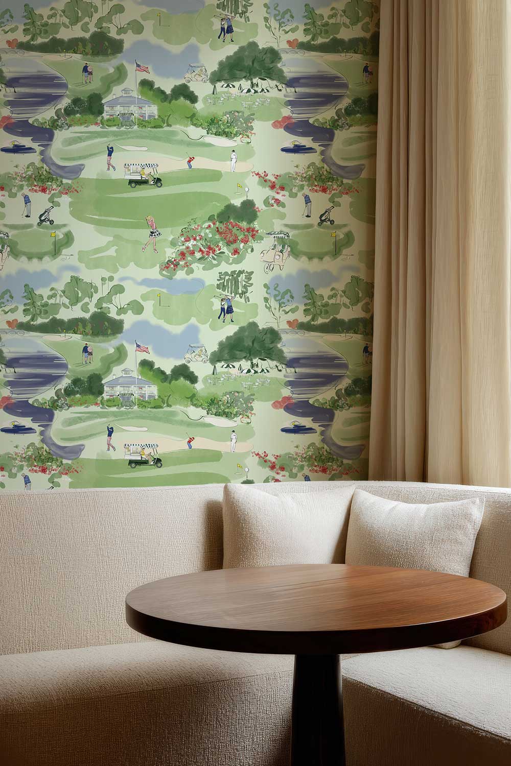 Golf Course Toile removable peel and stick wallpaper in Mulligan Moss featuring golfers, putting greens, fairways, golf carts, water hazards and a clubhouse featured in this intimate restaurant 