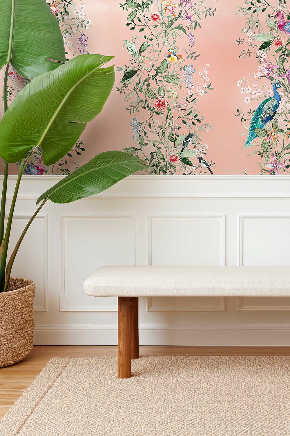 A styled interior corner showing a peach floral wallpaper with a blue peacock and green foliage, white wainscoting, a cream bench, a large potted plant, and a light rug. Natural grasscloth wallpaper featuring hand-painted Mahjong Garden Stripe with chinoiserie florals, peacocks, birds, bamboo, and botanical watercolor artwork.