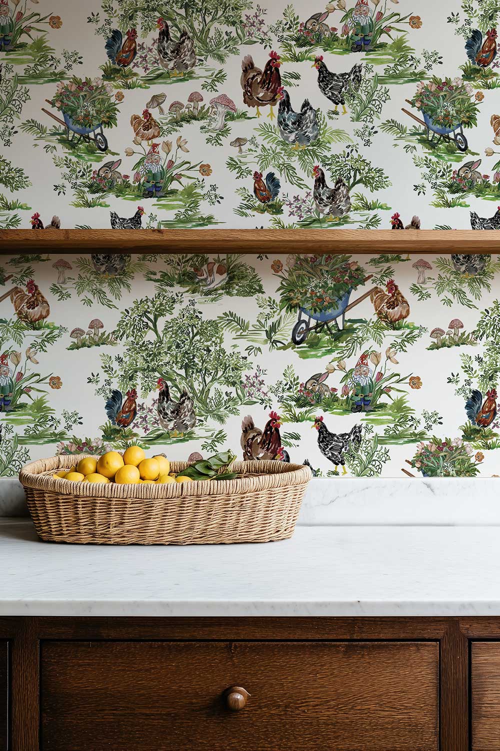 Cluckingham Farm Toile peel and stick wallpaper in Egg White featuring watercolor chickens, roosters, rabbits, garden gnomes, flowers and wheelbarrows featured in this countryside inspired cottage kitchen