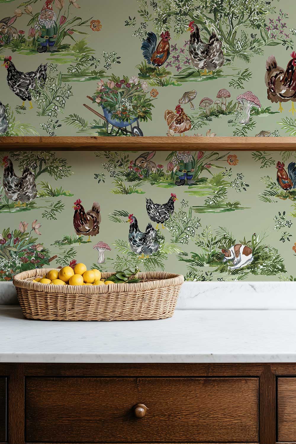 Cluckingham Farm Toile removable wallpaper in Green Grass featuring watercolor chickens, roosters, rabbits, garden flowers, mushrooms and whimsical gnomes.