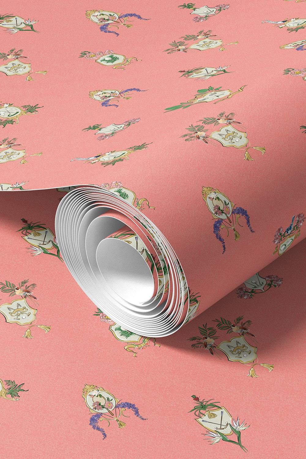 Country Club Crests washable performance vinyl wallpaper with tennis, golf and paddle crests, birds and florals on an pink coral background