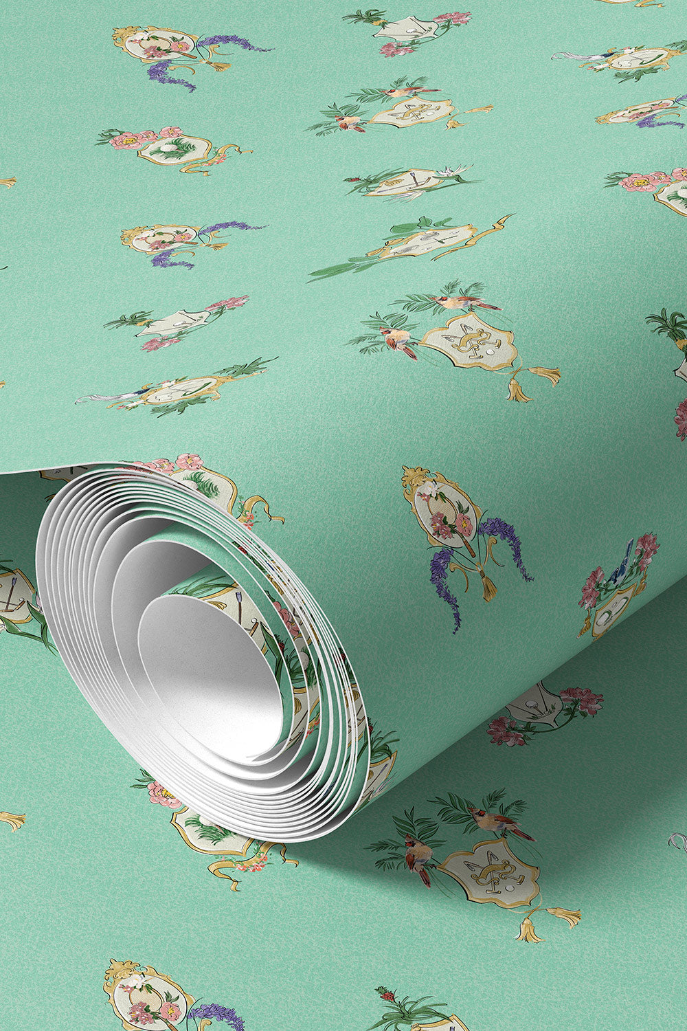 Country Club Crests washable performance vinyl wallpaper with tennis, golf and paddle crests, birds and florals on an aqua green background