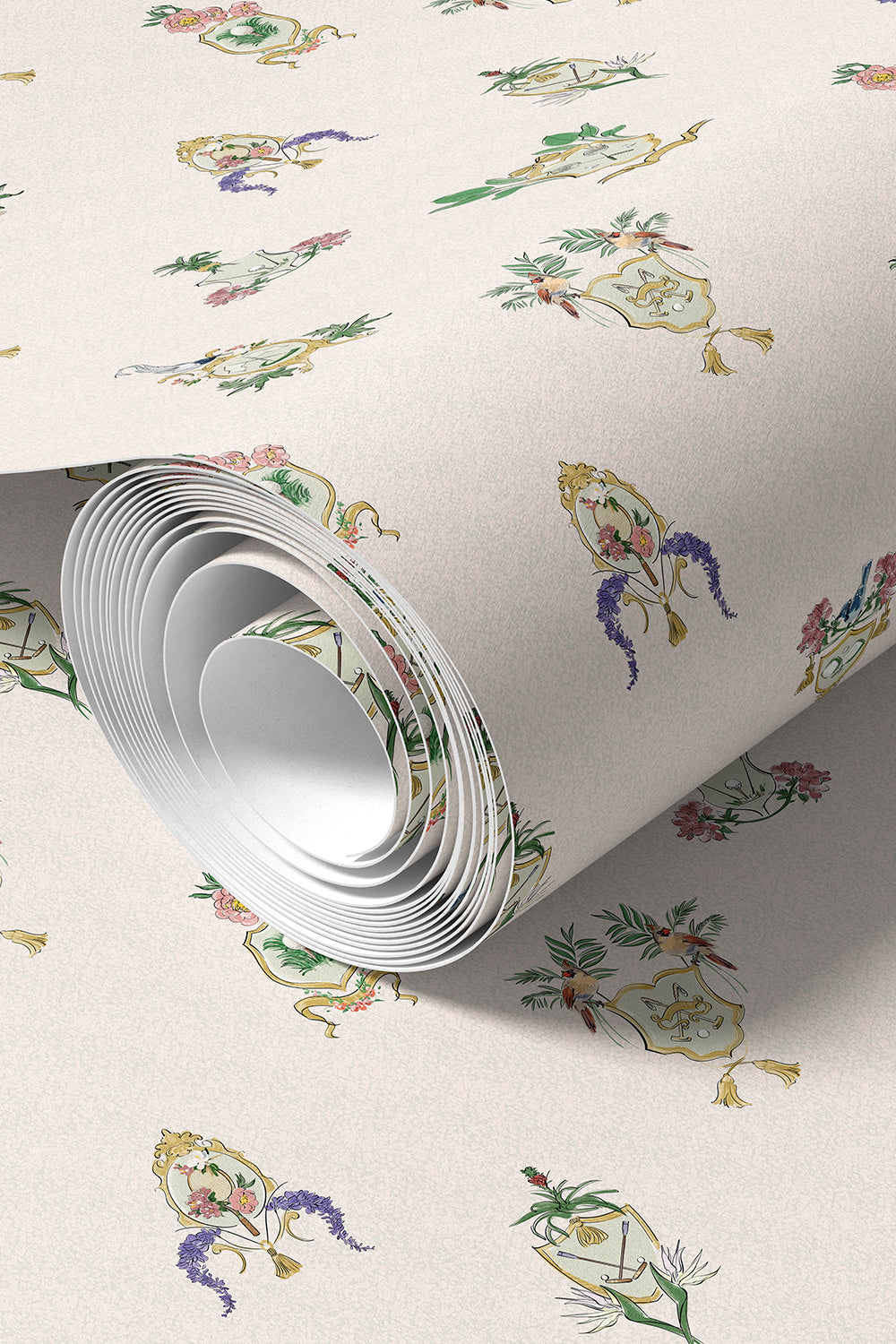Country Club Crests washable performance vinyl wallpaper with tennis, golf and paddle crests, birds and florals on an neutral tan and white background