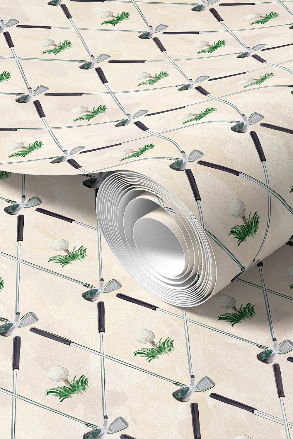 Fore the Love of Golf washable performance vinyl wallpaper with watercolor golf clubs and golf balls, designed for moisture- and stain-resistant spaces.
