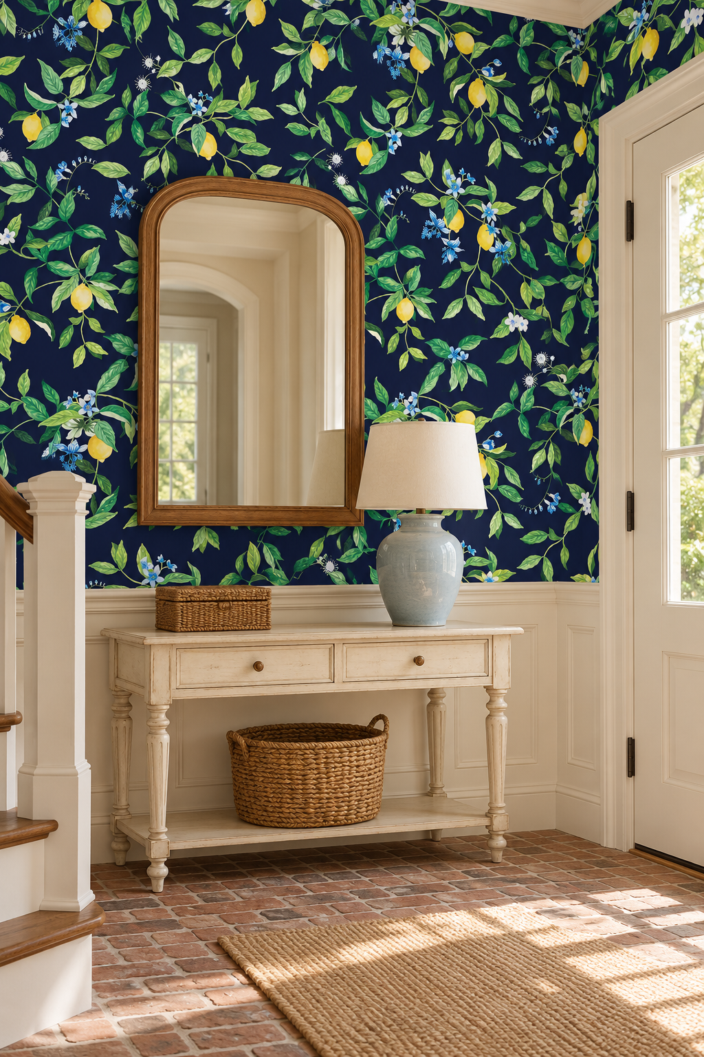 formal home foyer with lemon wallpaper, citrus wallpaper, limoncello wallpaper, white and pastel wallpaper, fruit wallpaper, italian inspired wallpaper, kitchen wallpaper, lemon floral print on all-natural and eco-friendly wall-covering grasscloth and paperweave