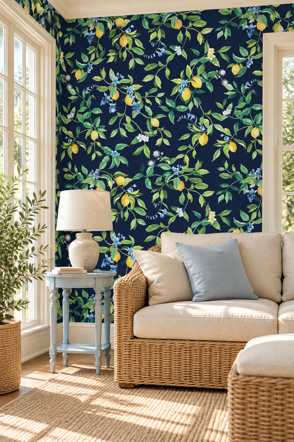 happy living room sun room with lemon wallpaper, citrus wallpaper, limoncello wallpaper, white and pastel wallpaper, fruit wallpaper, italian inspired wallpaper, kitchen wallpaper, lemon floral print on all-natural and eco-friendly wall-covering grasscloth and paperweave