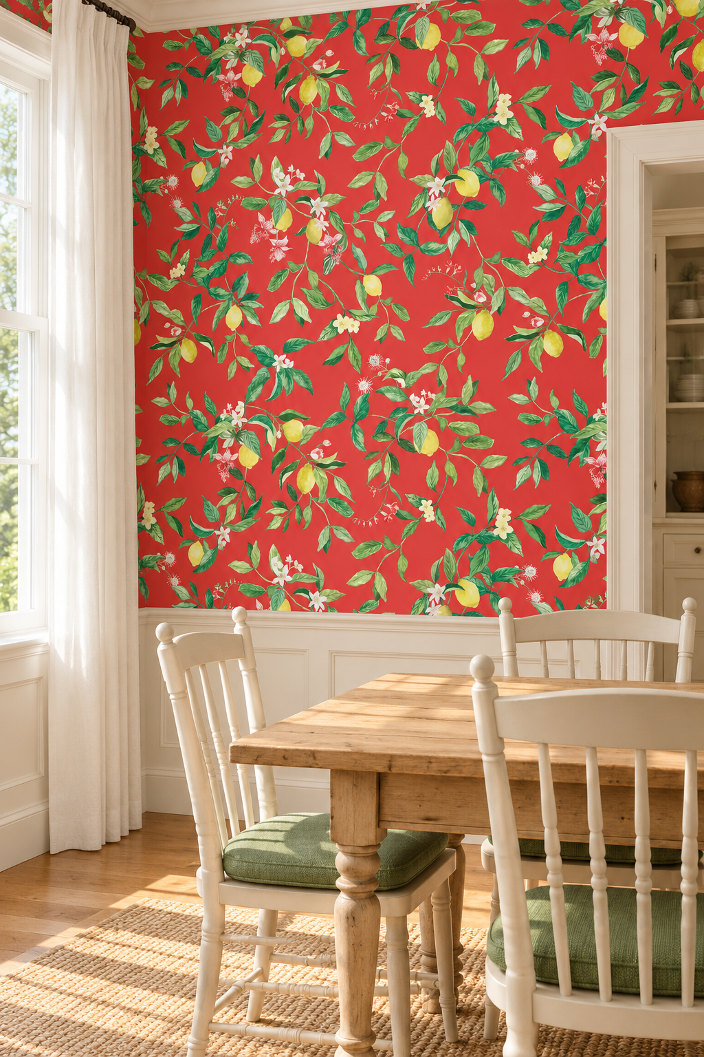 washable stain resistant performance vinyl wallpaper on red with lemon and floral botanical print featured in this cozy farmhouse dining room