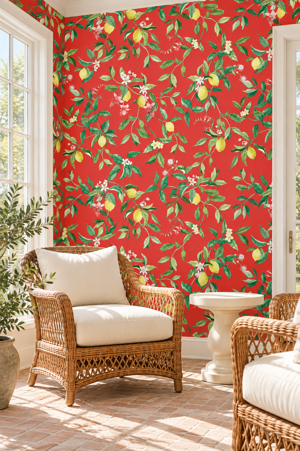sun room featuring red wallpaper with a botanical pattern of green leaves, yellow lemons, and small white flowers, shown on a wall behind a coastal casual living room. lemon wallpaper, citrus wallpaper, limoncello wallpaper, white and pastel wallpaper, fruit wallpaper, italian inspired wallpaper, kitchen wallpaper, lemon floral print on all-natural and eco-friendly wall-covering grasscloth and paperweave