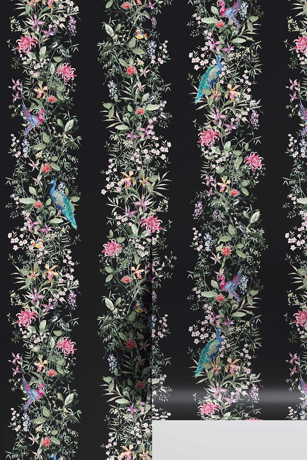 Hand-painted Mahjong Garden Stripe wallpaper featuring watercolor chinoiserie florals, peacocks, birds, bamboo, and botanical stripes on a rich black background