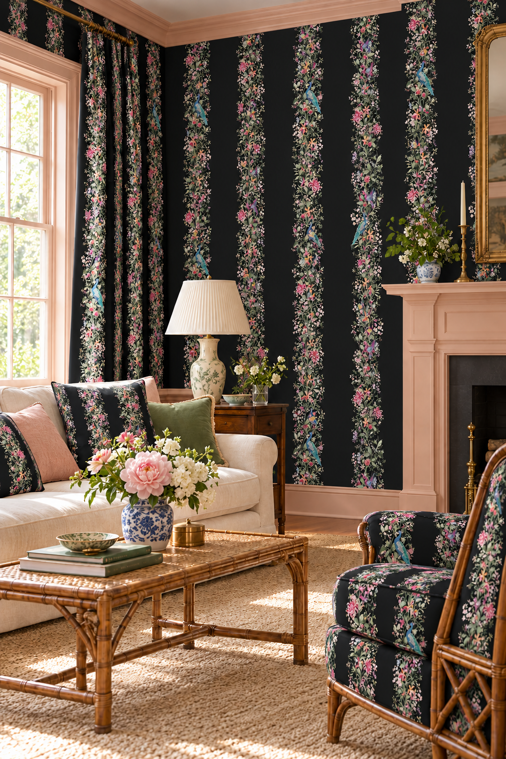 mahjong floral inspired formal living room featuring Natural grasscloth wallpaper featuring hand-painted Mahjong Garden Stripe with chinoiserie florals, peacocks, birds, bamboo, and botanical watercolor artwork.
