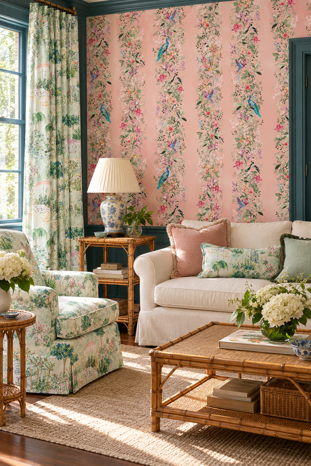 Luxury living room with Natural grasscloth wallpaper featuring hand-painted Mahjong Garden Stripe with chinoiserie florals, peacocks, birds, bamboo, and botanical watercolor artwork.