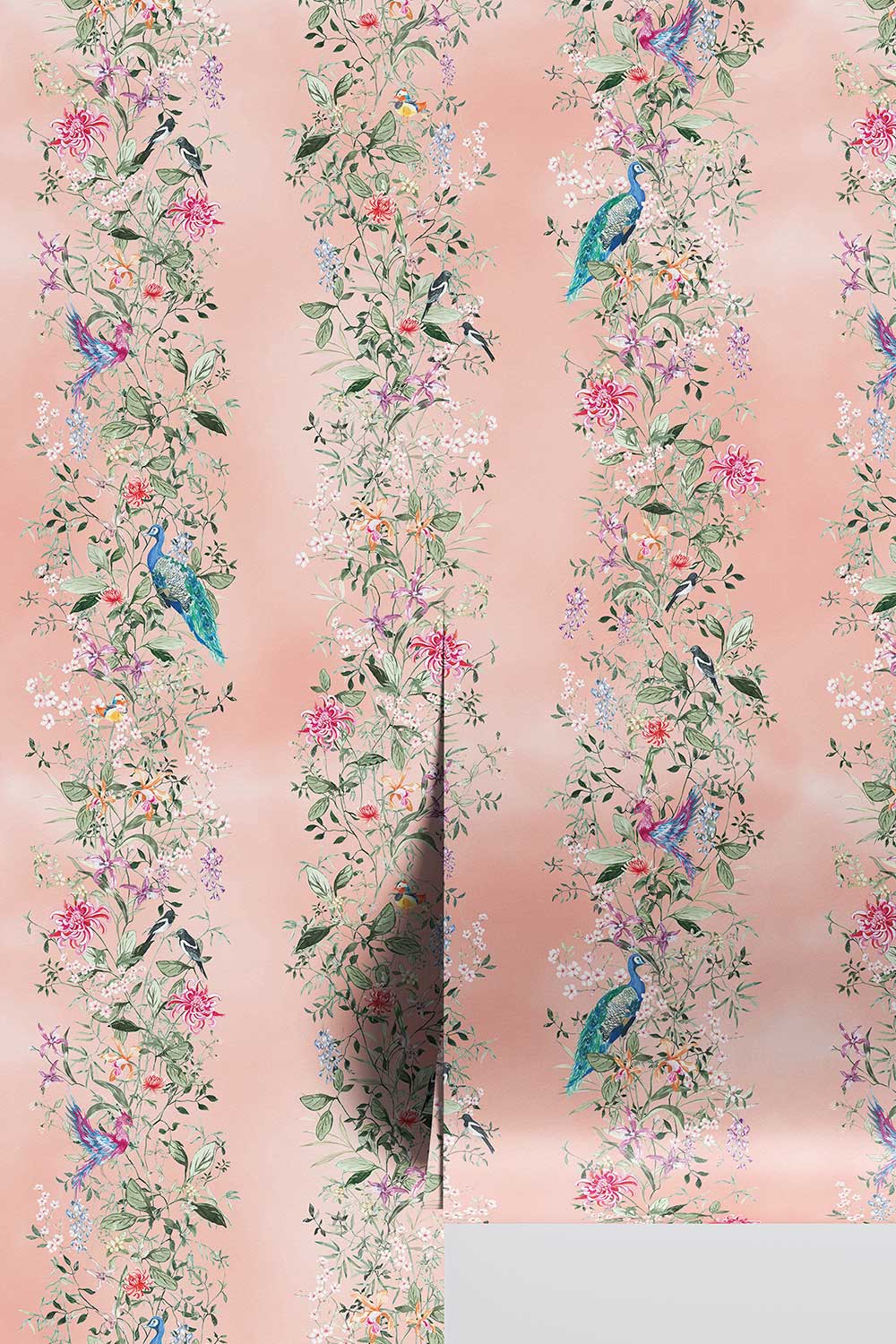 Natural grasscloth wallpaper featuring hand-painted Mahjong Garden Stripe with chinoiserie florals, peacocks, birds, bamboo, and botanical watercolor artwork.